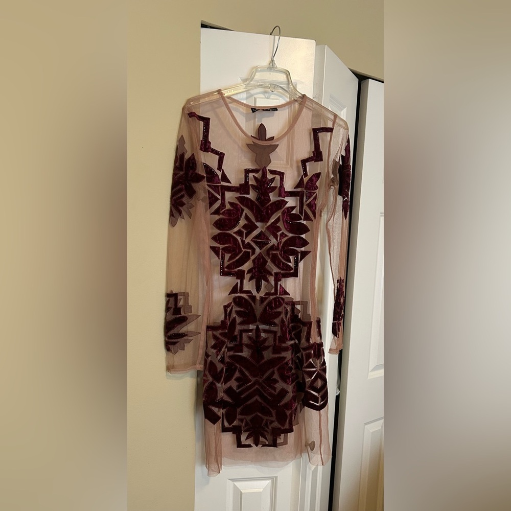 For Love & Lemons Dress Sz L Women’s Burgundy & Nude Mesh New w/out Tag No Slip